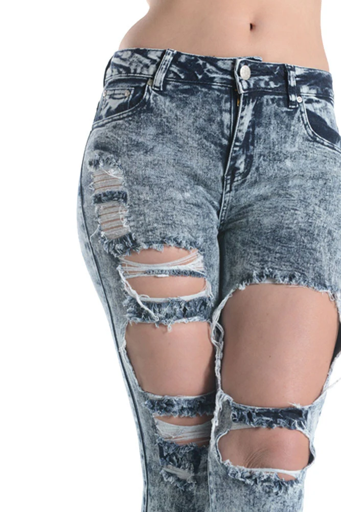 Acid Wash Destroyed Skinny Fit Jeans - Image 4