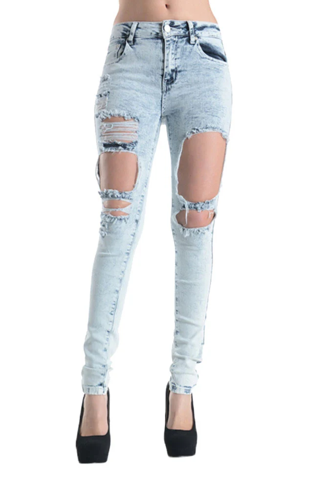 Acid Wash Destroyed Skinny Fit Jeans - Image 5