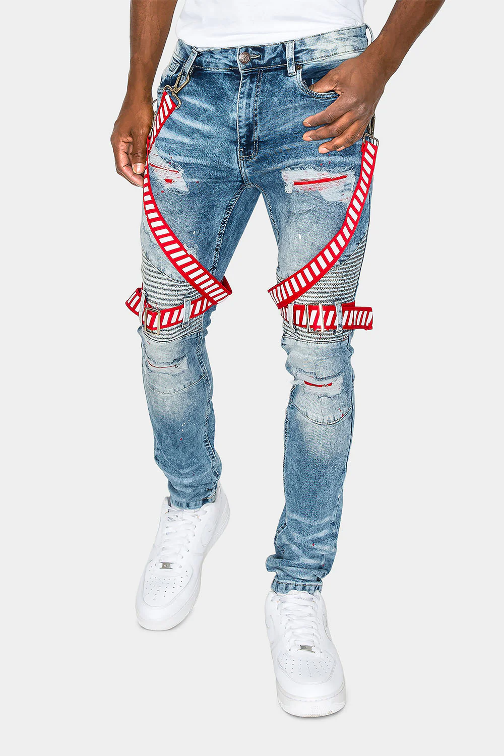 Adjustable Strap Harness Distressed Biker Jeans - Image 5