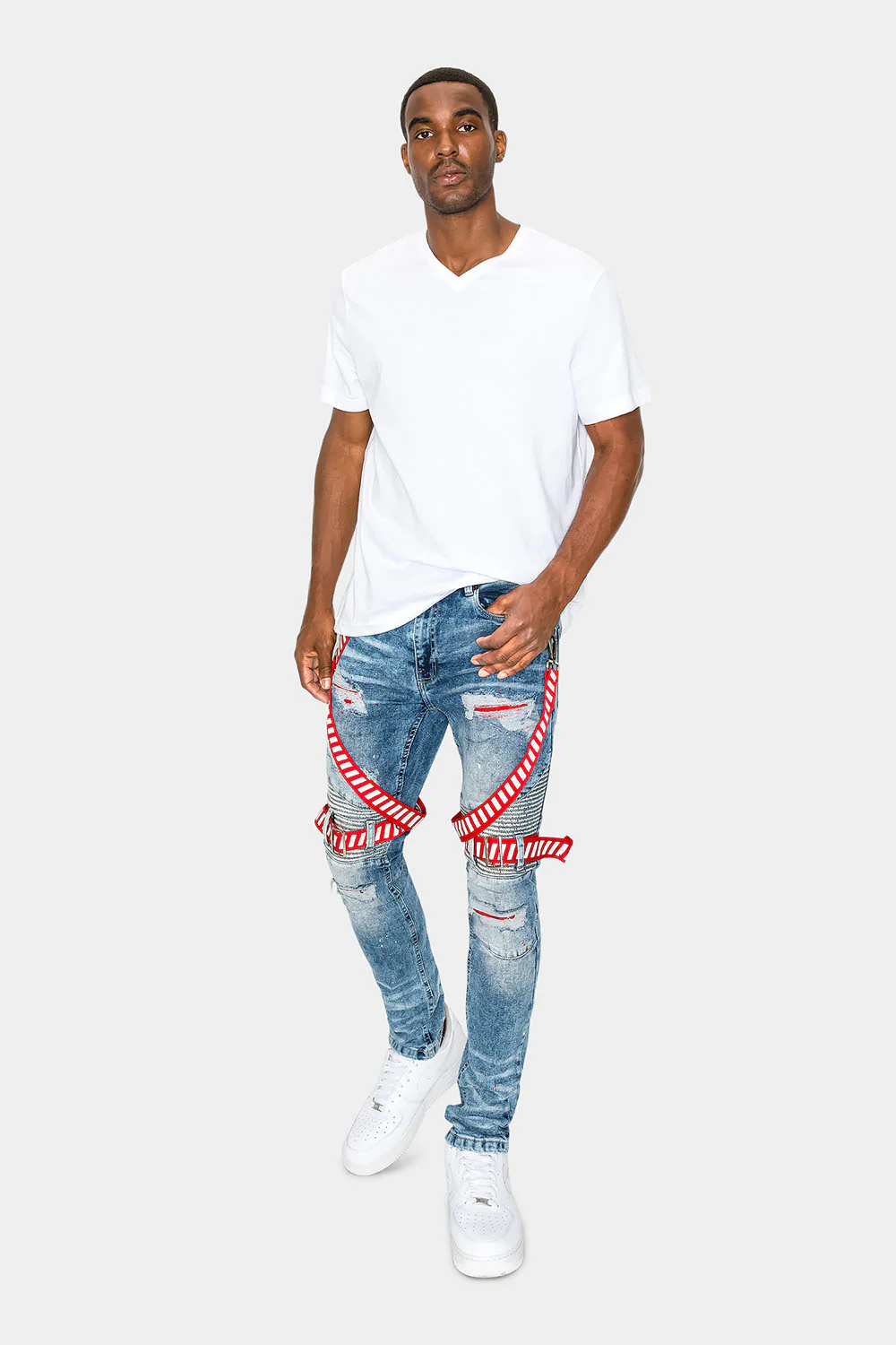 Adjustable Strap Harness Distressed Biker Jeans - Image 8