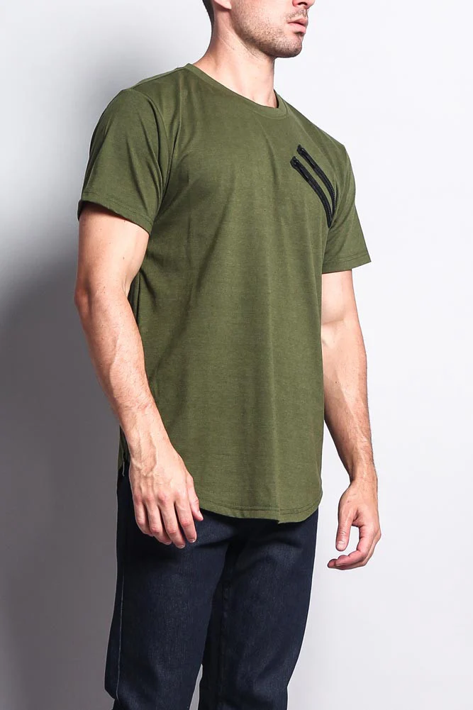 Chest Double Zipper Fishtail Long Length Curved Hem T-Shirt - Image 15