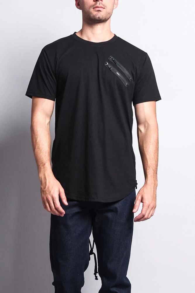 Chest Double Zipper Fishtail Long Length Curved Hem T-Shirt - Image 2