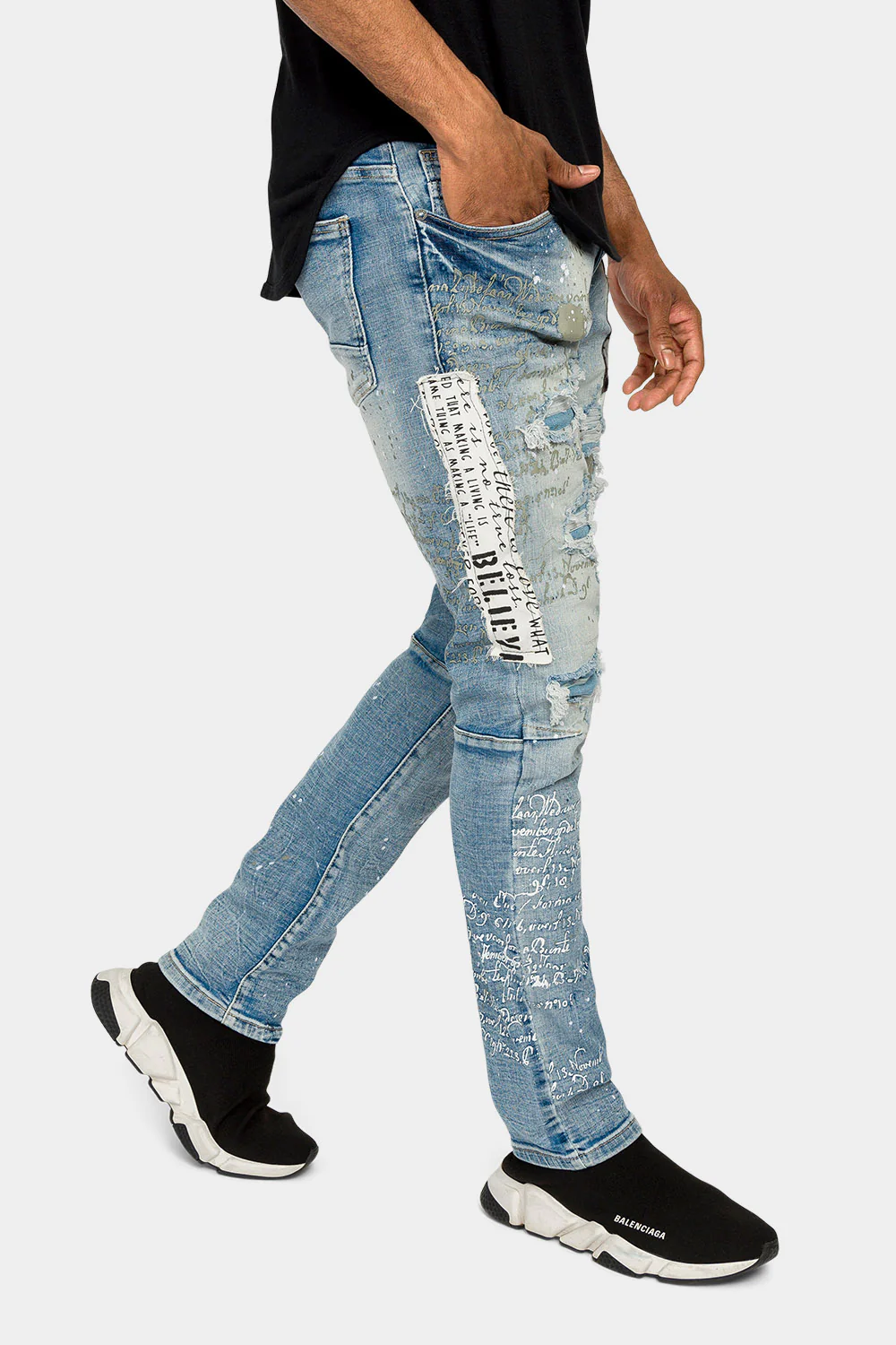 Collage Patch Faded Denim Jeans - Image 4