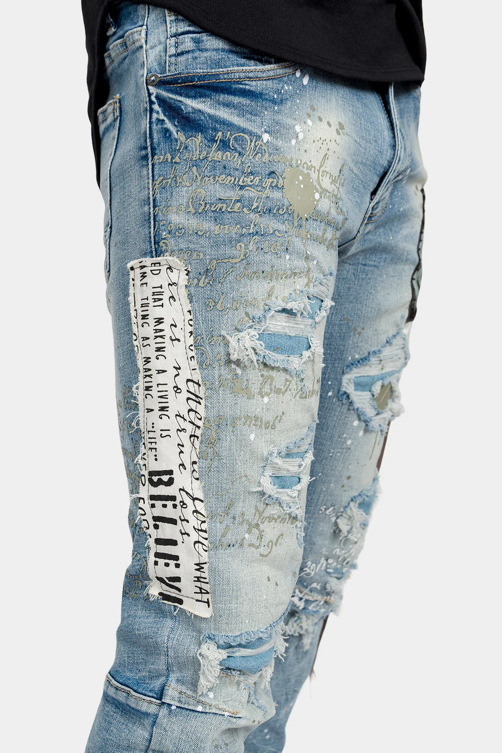Collage Patch Faded Denim Jeans - Image 7