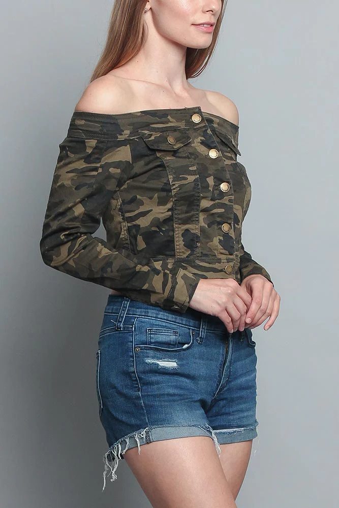 Colored Camo Off the Shoulder Shirt - Image 12