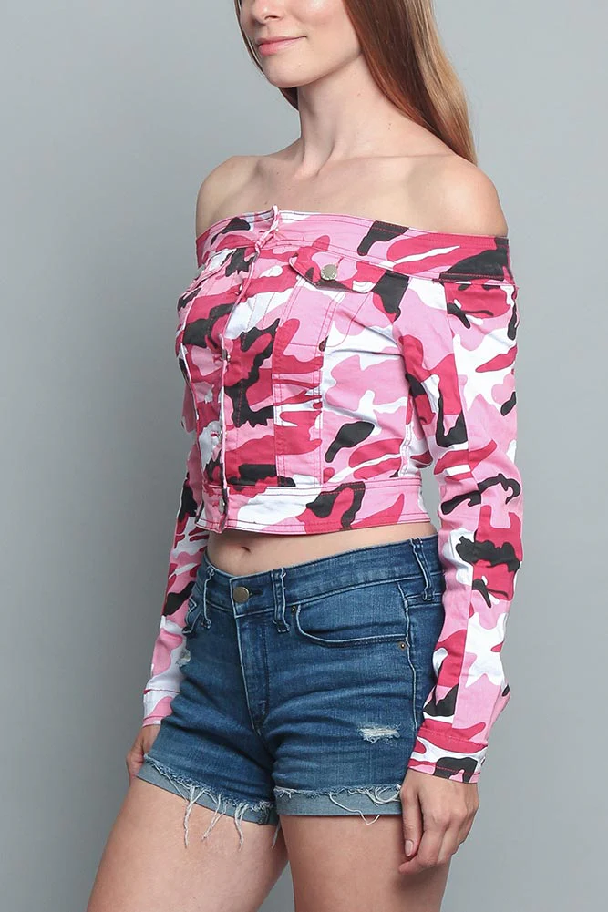 Colored Camo Off the Shoulder Shirt - Image 4