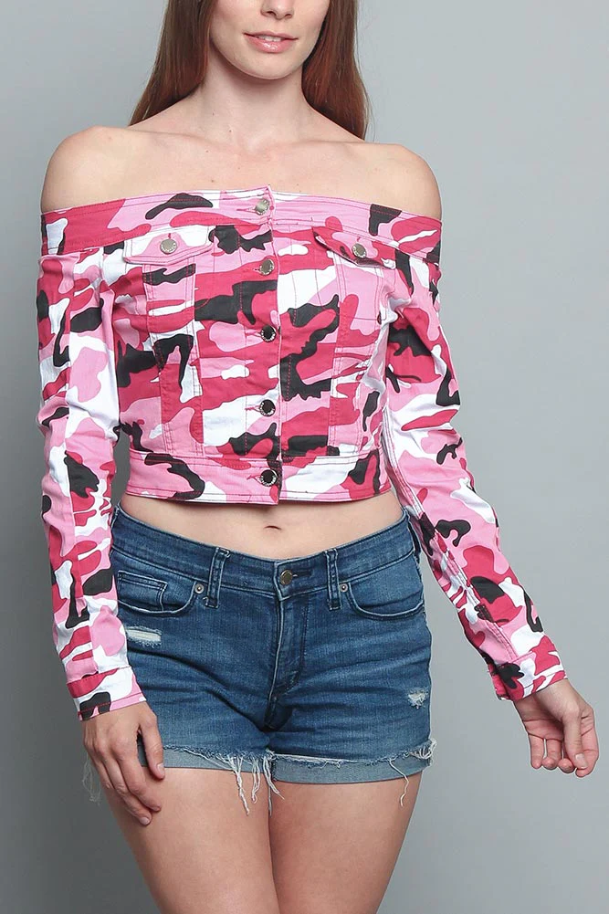 Colored Camo Off the Shoulder Shirt - Image 5