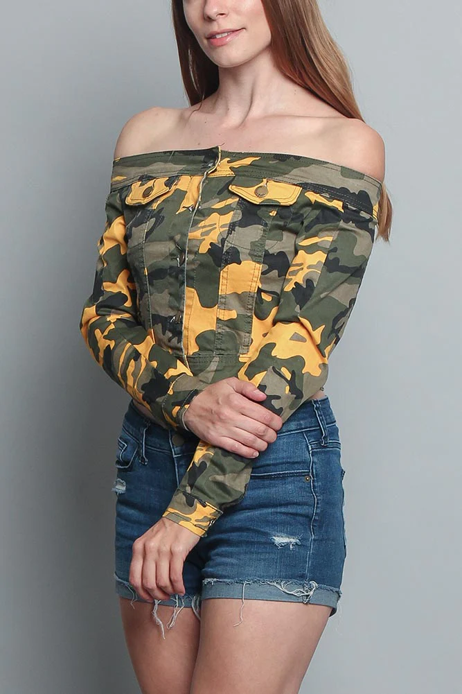 Colored Camo Off the Shoulder Shirt - Image 9