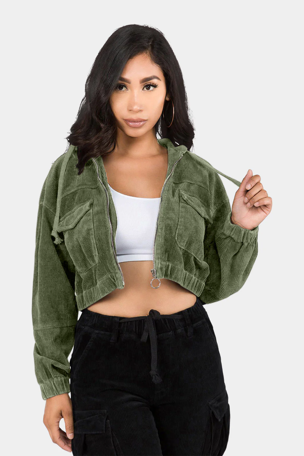 Corduroy Cropped Hoodie Jacket - Image 2