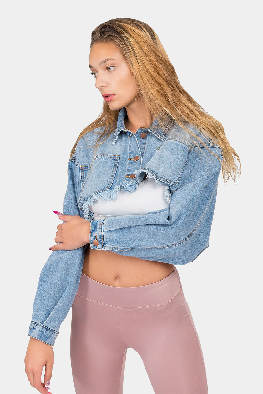 Cropped Backless Raw Hem Denim Jacket - Image 2