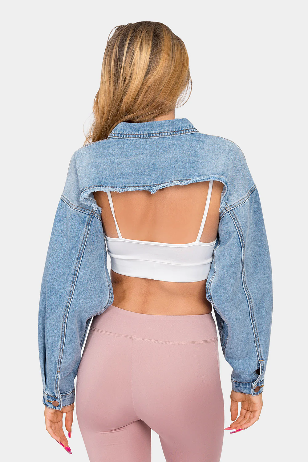 Cropped Backless Raw Hem Denim Jacket - Image 3