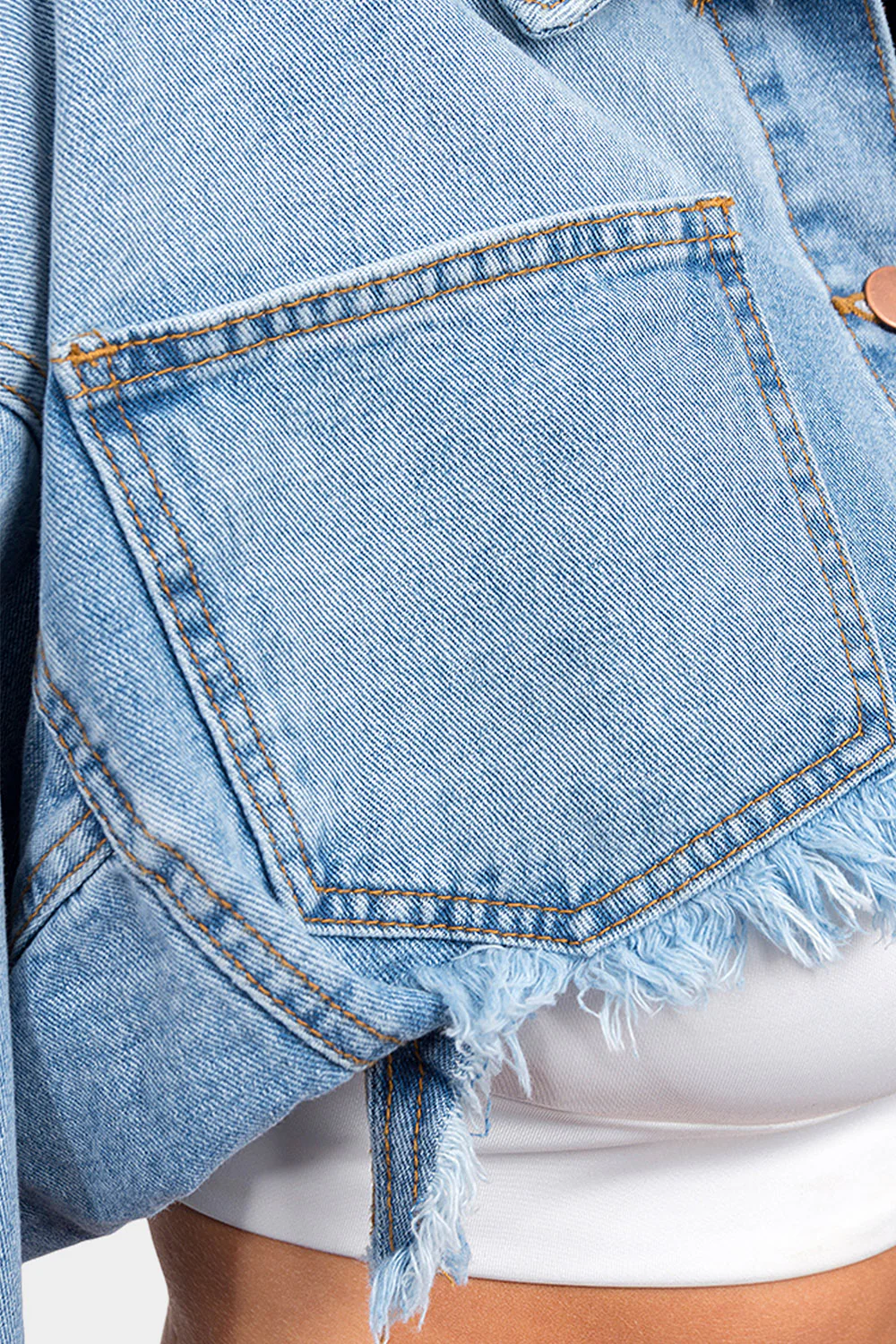 Cropped Backless Raw Hem Denim Jacket - Image 6