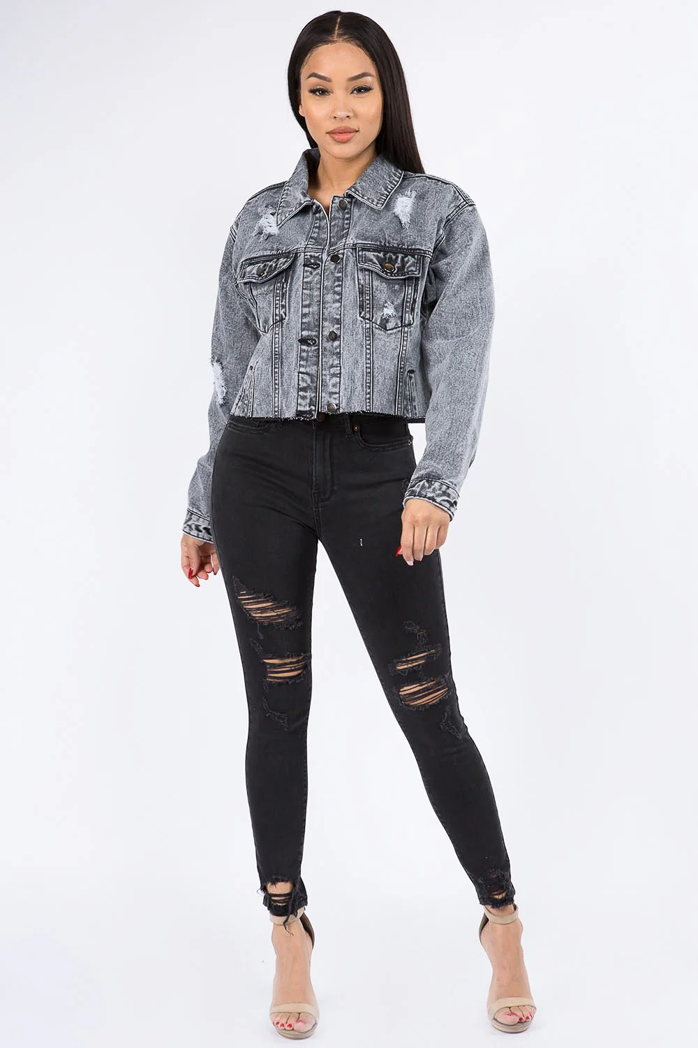 Cropped Chained Denim Jacket - Image 5