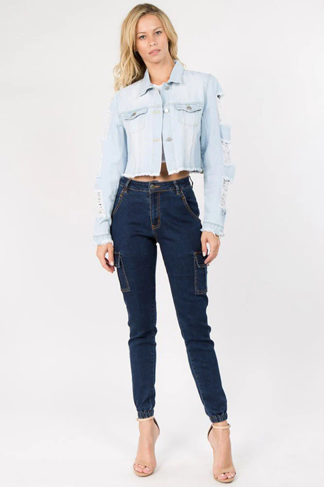 Cropped Distressed Denim Jacket - Image 10