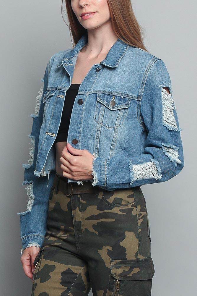 Cropped Distressed Denim Jacket - Image 4