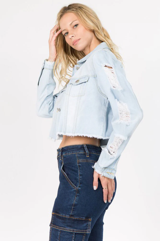Cropped Distressed Denim Jacket - Image 7