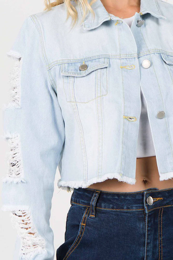 Cropped Distressed Denim Jacket - Image 9