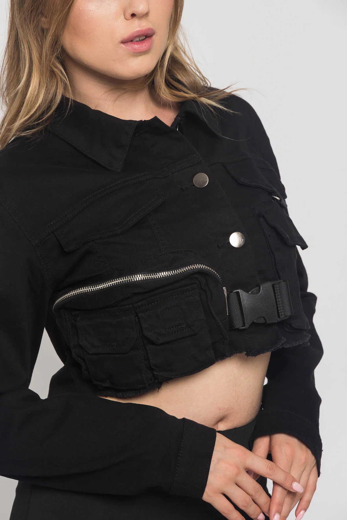 Cropped Military Style Pocket Shirt Jacket - Image 11