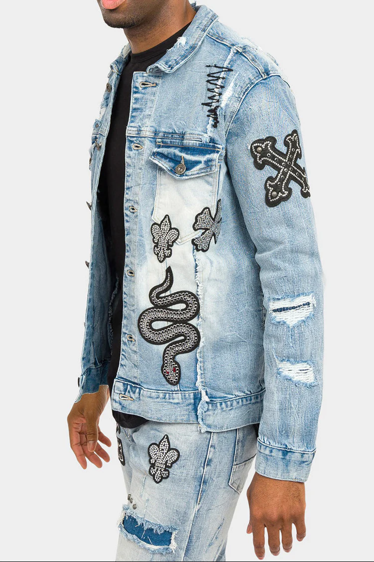 Crystals embellished patches studded Denim Jacket - Image 2