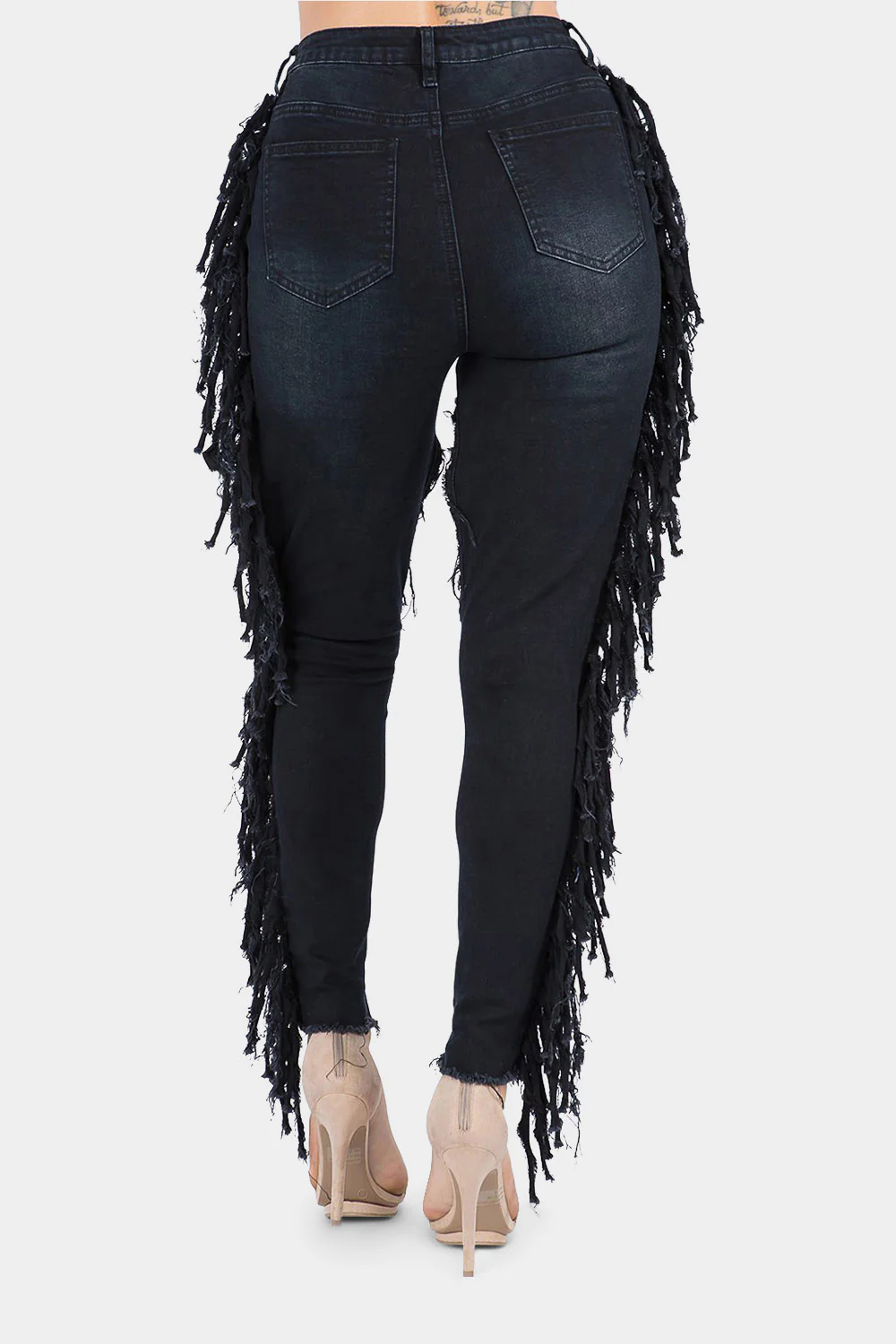 Destroyed High Rise Fringe Denim Jeans - Image 3