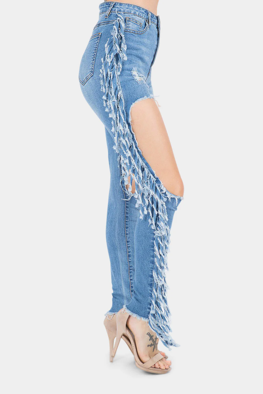 Destroyed High Rise Fringe Denim Jeans - Image 6
