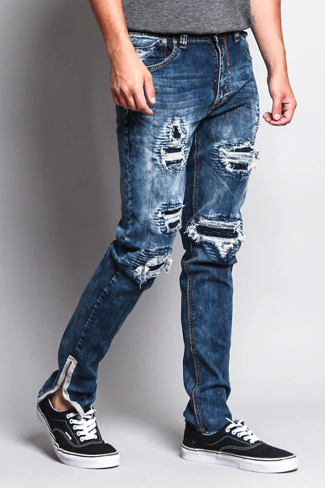 Destroyed Rip Illusion Moto Biker Jeans with Zipper - Image 4