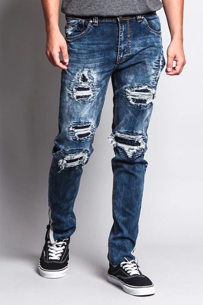 Destroyed Rip Illusion Moto Biker Jeans with Zipper - Image 5