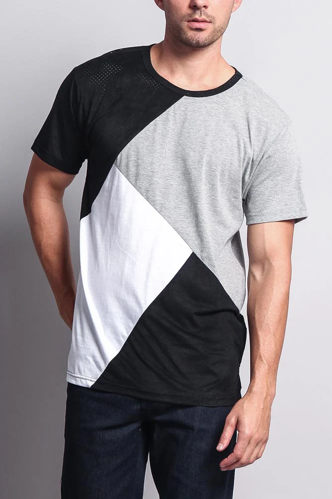 Diagonal Colorblock Poly Suede Mesh T-Shirt - Image 10