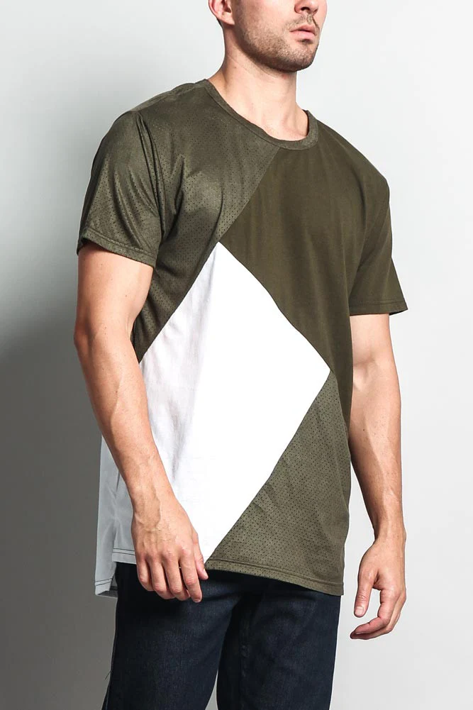 Diagonal Colorblock Poly Suede Mesh T-Shirt - Image 14