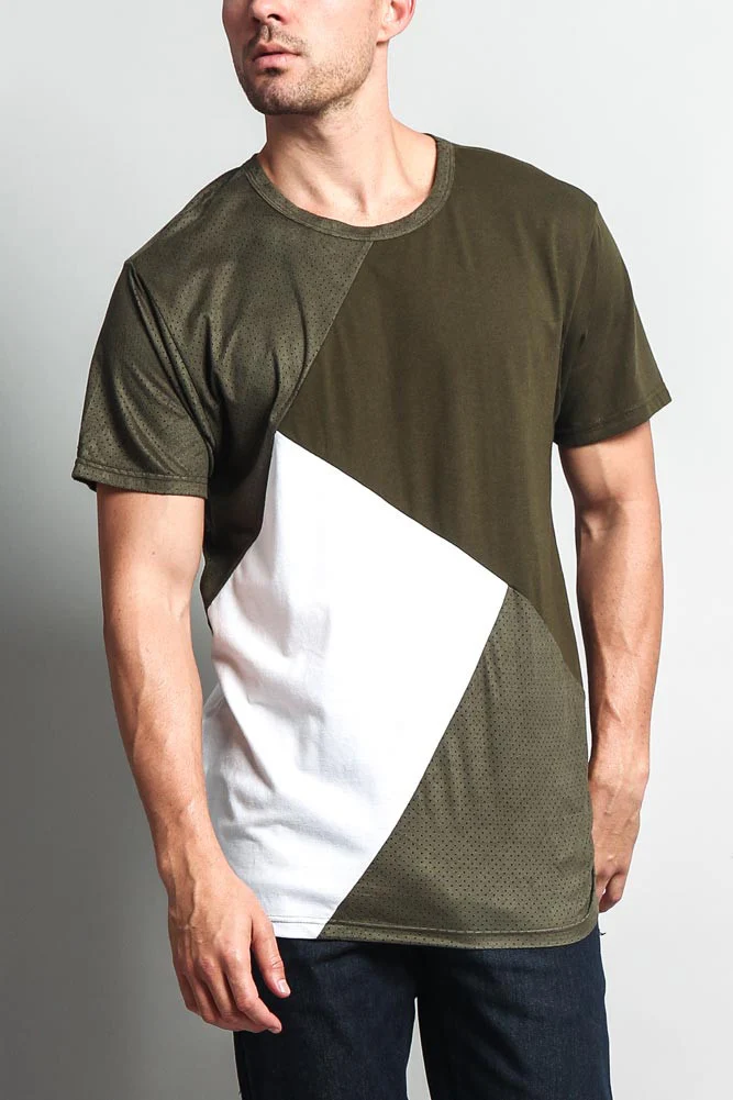 Diagonal Colorblock Poly Suede Mesh T-Shirt - Image 15