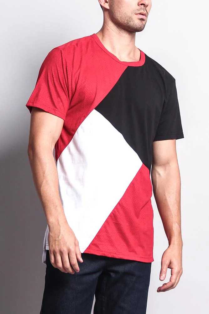 Diagonal Colorblock Poly Suede Mesh T-Shirt - Image 19