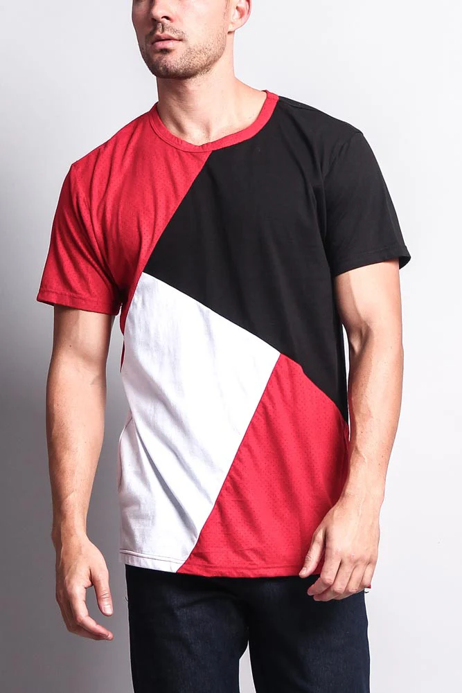 Diagonal Colorblock Poly Suede Mesh T-Shirt - Image 20