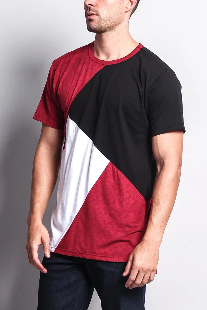 Diagonal Colorblock Poly Suede Mesh T-Shirt - Image 3