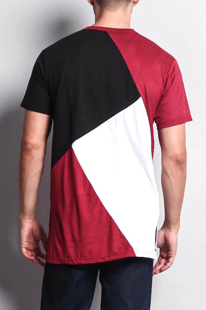 Diagonal Colorblock Poly Suede Mesh T-Shirt - Image 4