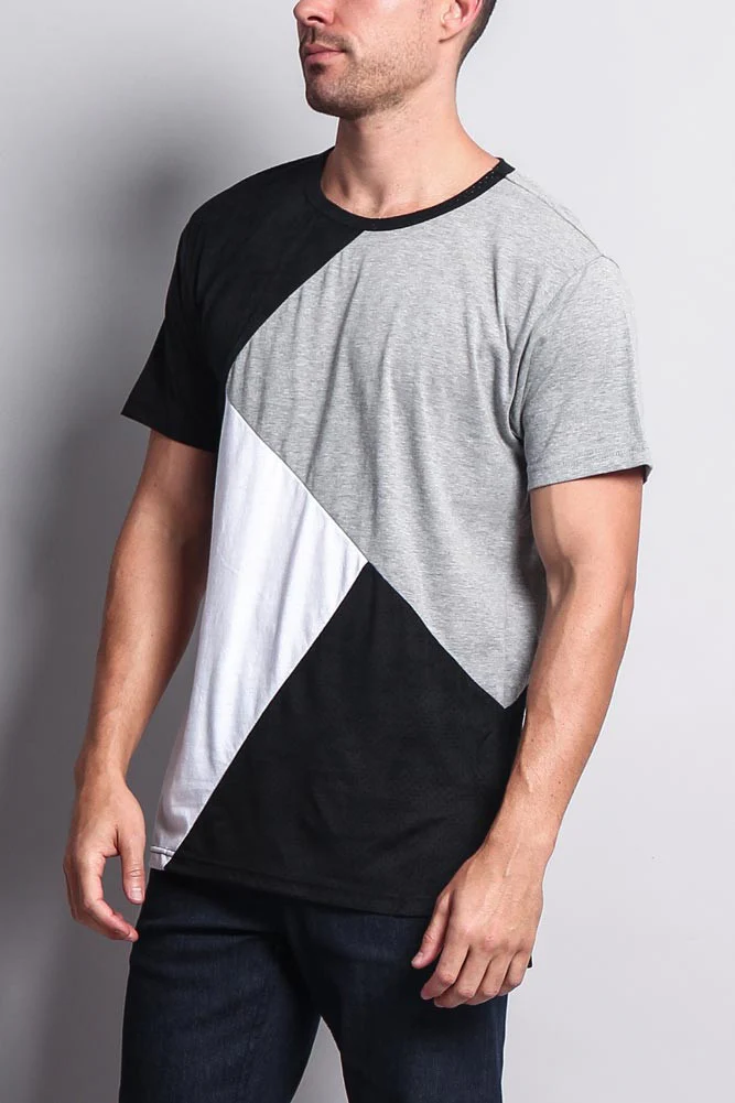 Diagonal Colorblock Poly Suede Mesh T-Shirt - Image 7