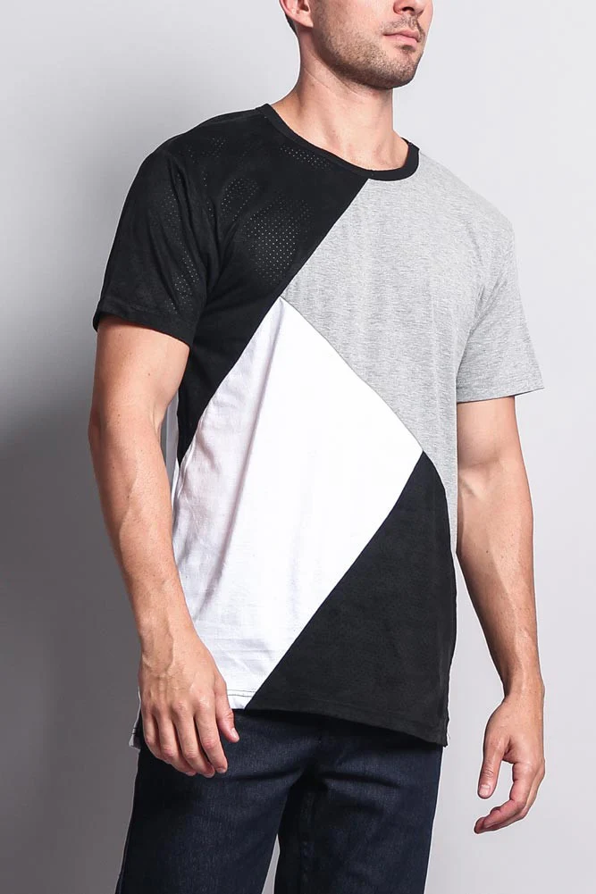 Diagonal Colorblock Poly Suede Mesh T-Shirt - Image 9