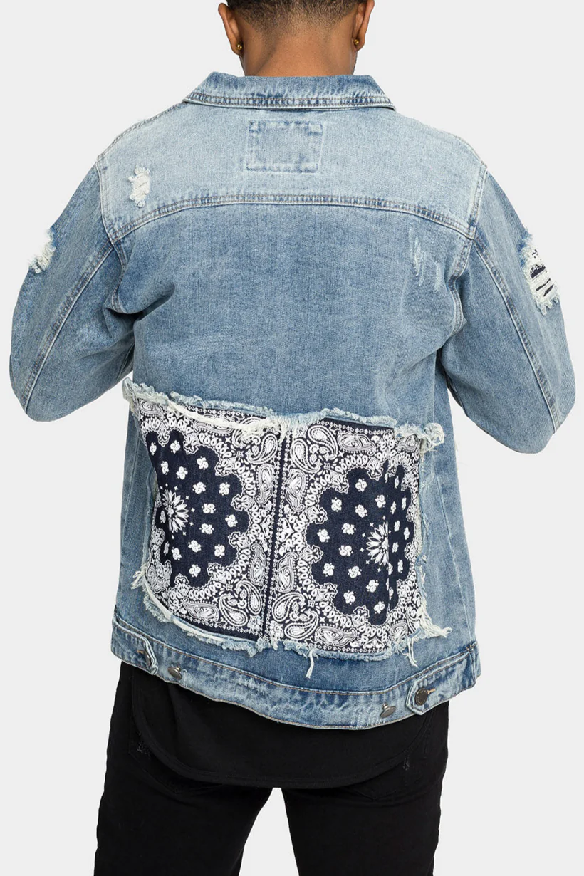 Distressed Bandana Paisley Patched Denim Jacket - Image 3