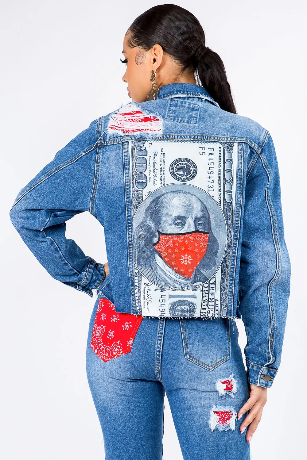 Distressed Bandana Patchwork Denim Jacket - Image 3
