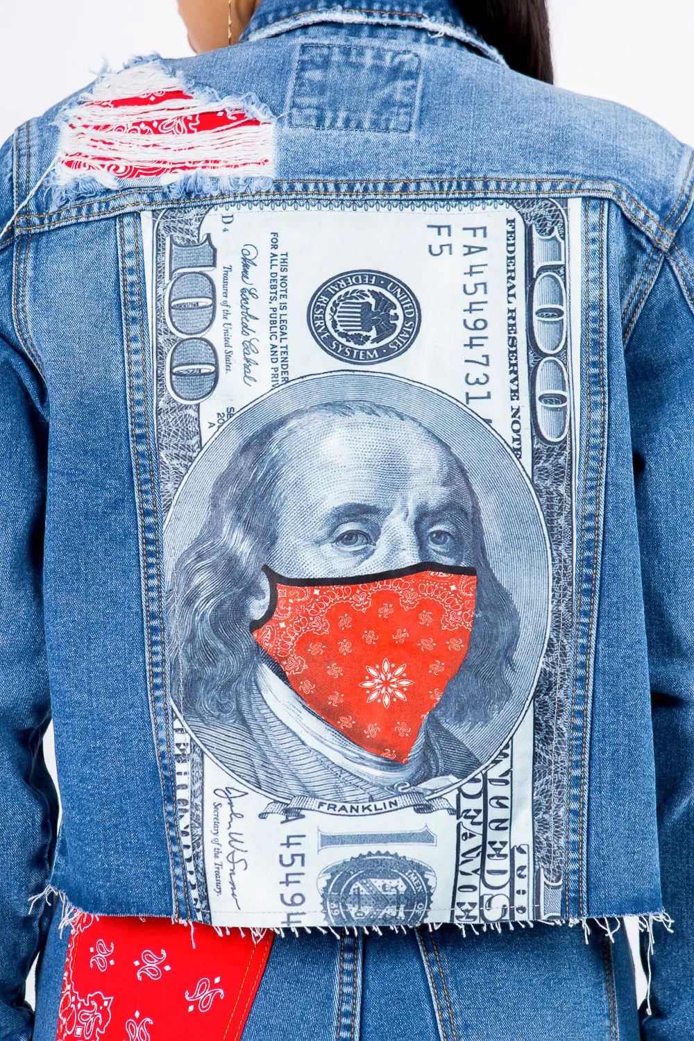 Distressed Bandana Patchwork Denim Jacket - Image 4