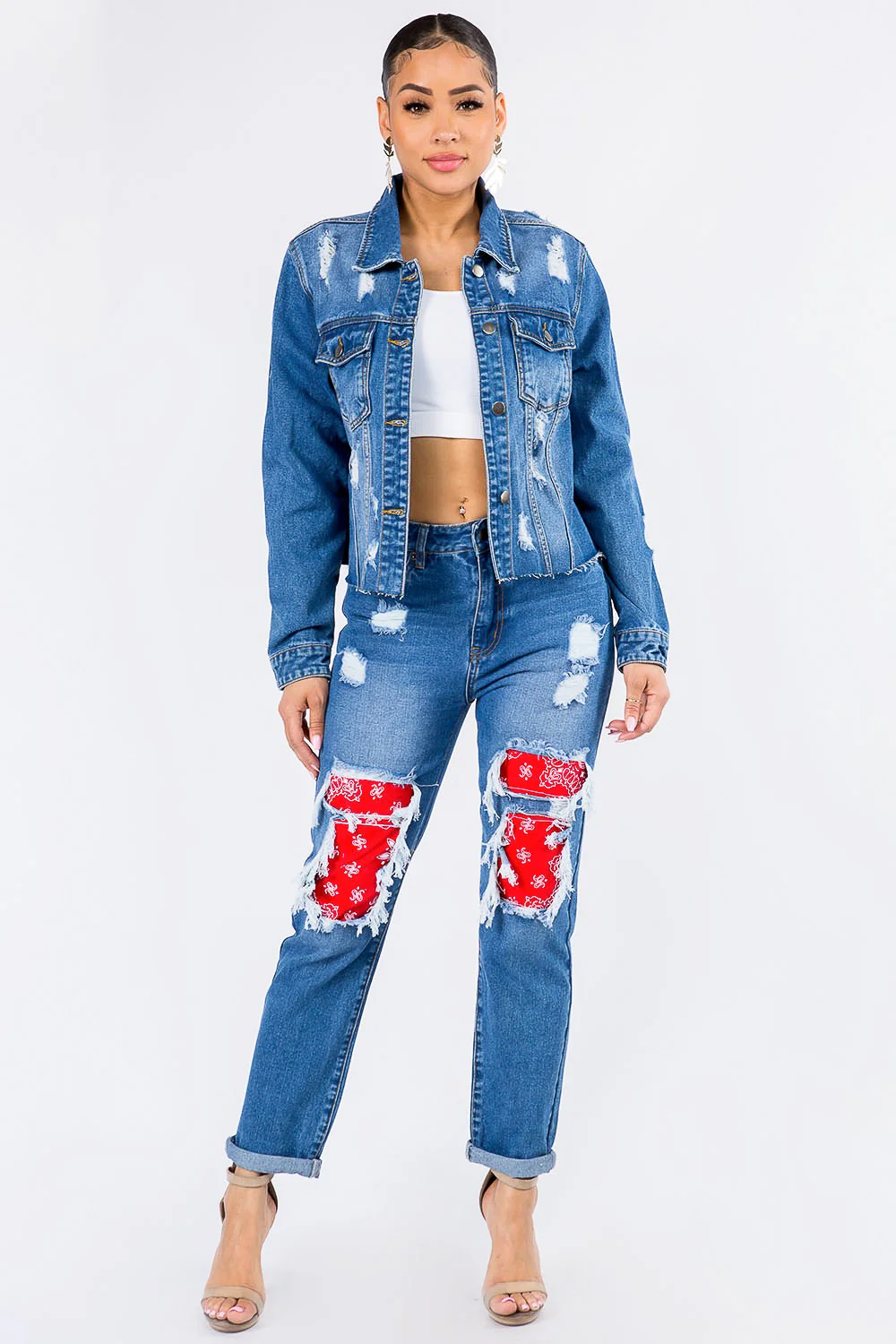 Distressed Bandana Patchwork Denim Jacket - Image 5