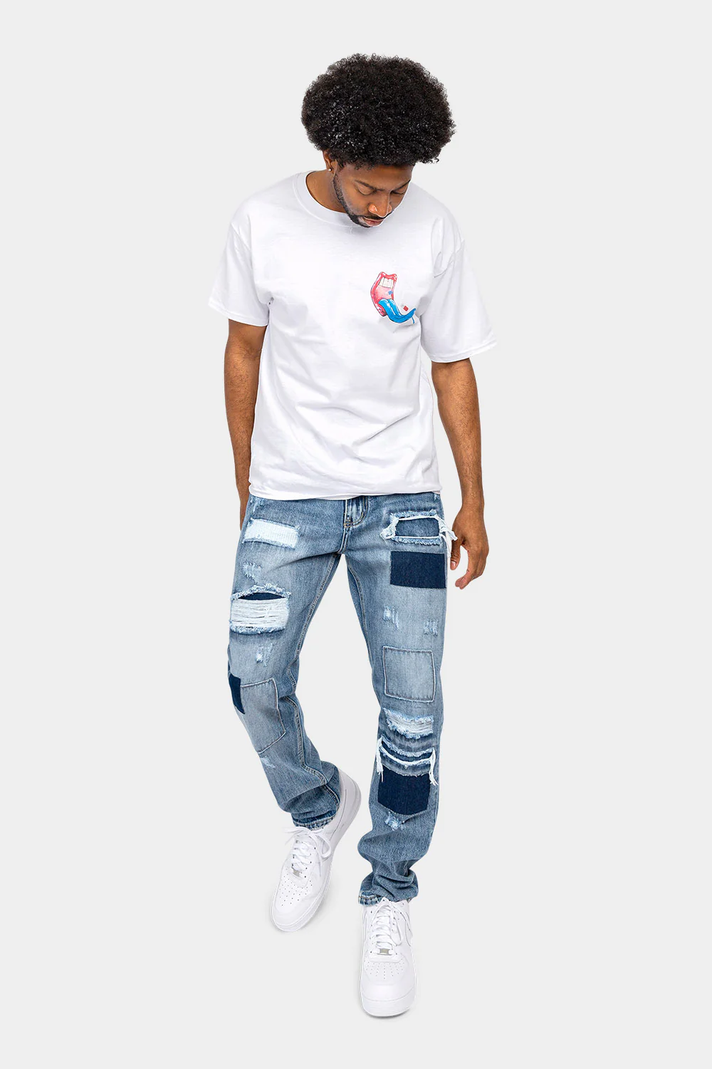 Distressed Cut and Repair Patchwork Denim Jeans - Image 5