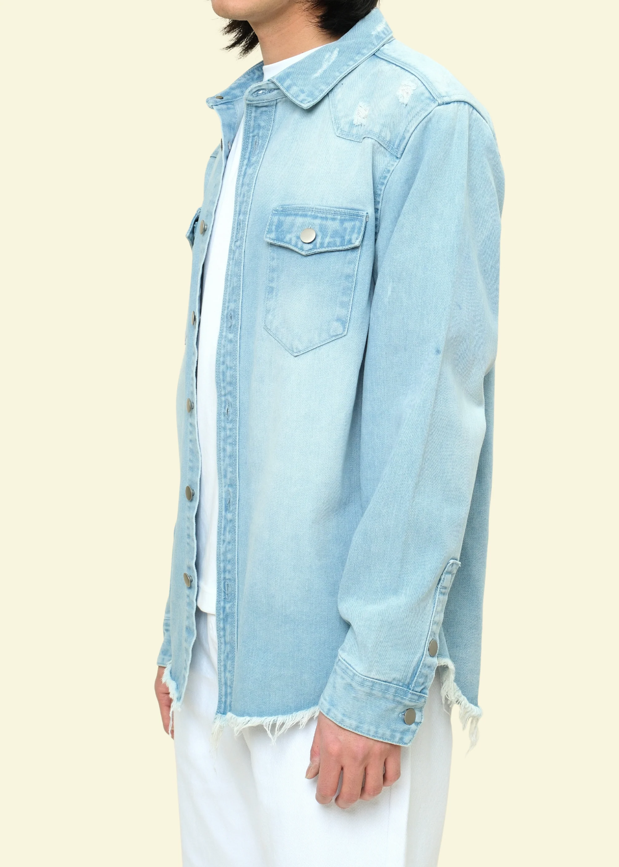 Distressed Denim Button Up Shirt Jacket - Image 12