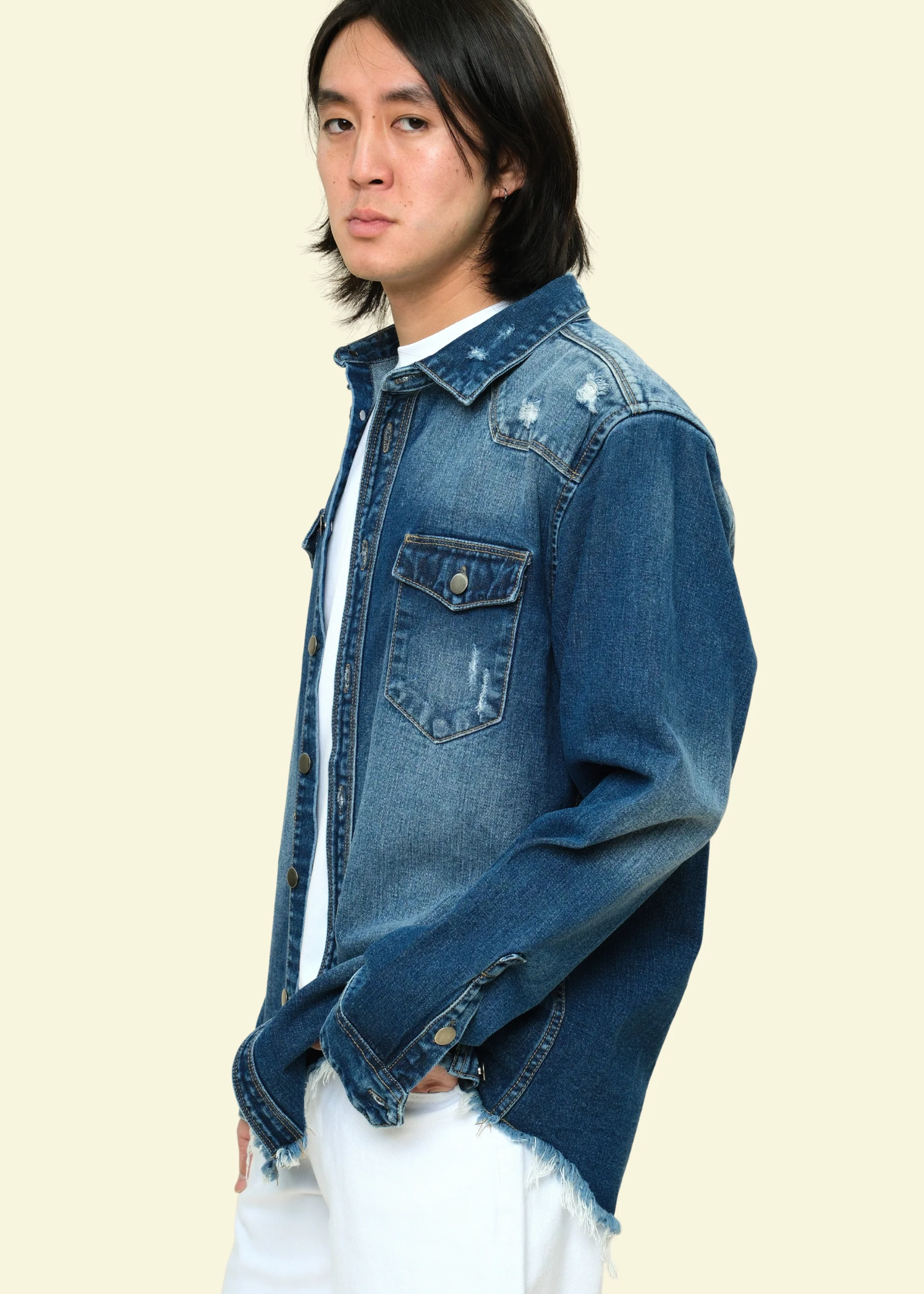 Distressed Denim Button Up Shirt Jacket - Image 3