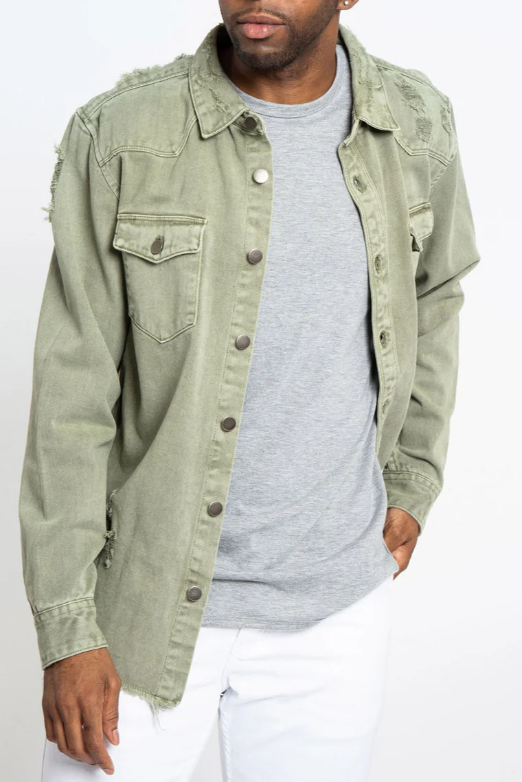 Distressed Denim Button Up Shirt Jacket - Image 3