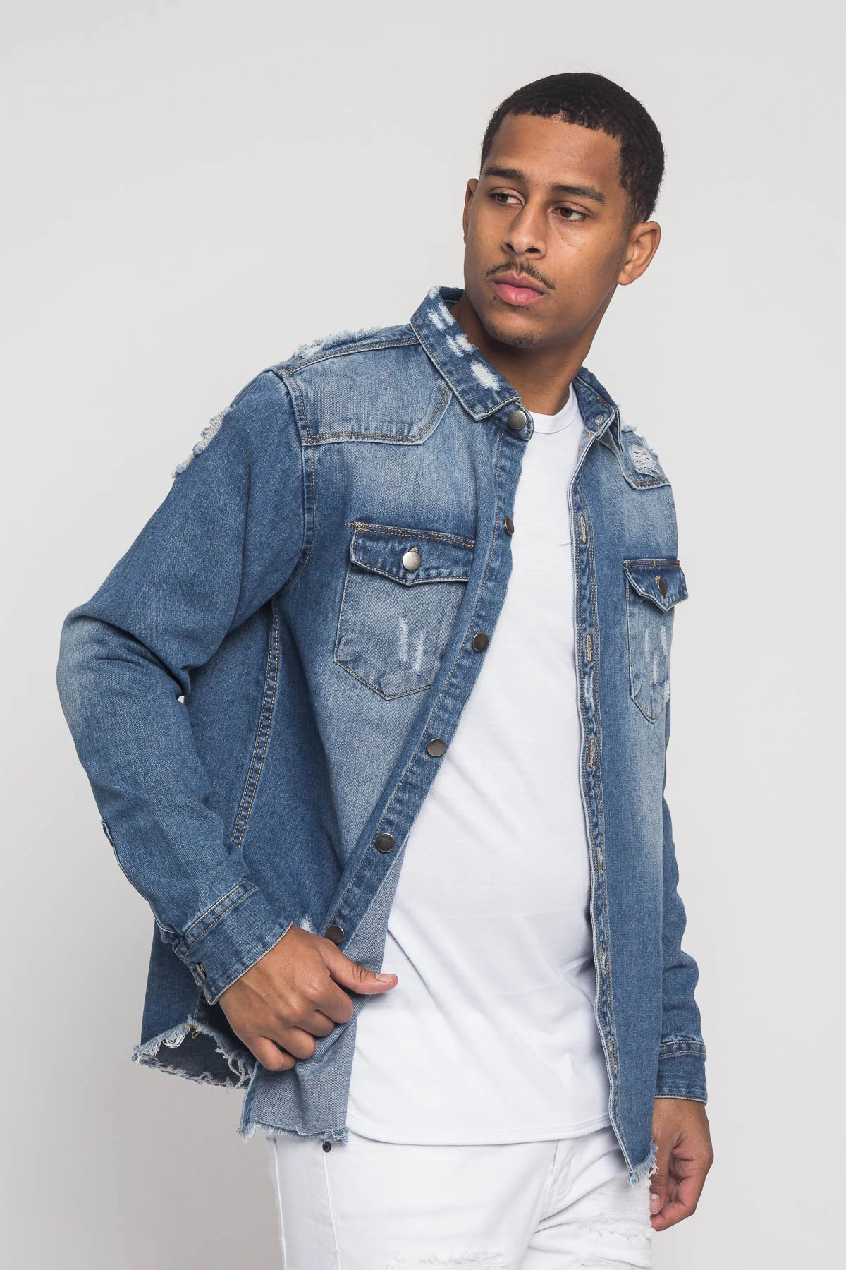 Distressed Denim Button Up Shirt Jacket - Image 35