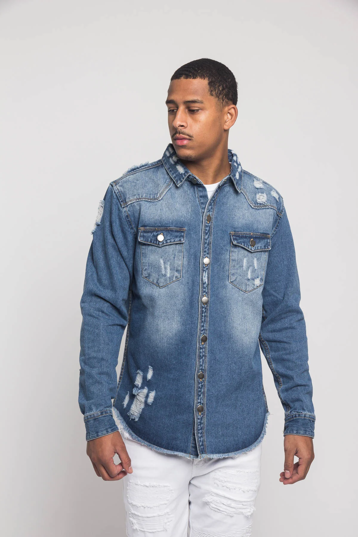 Distressed Denim Button Up Shirt Jacket - Image 37