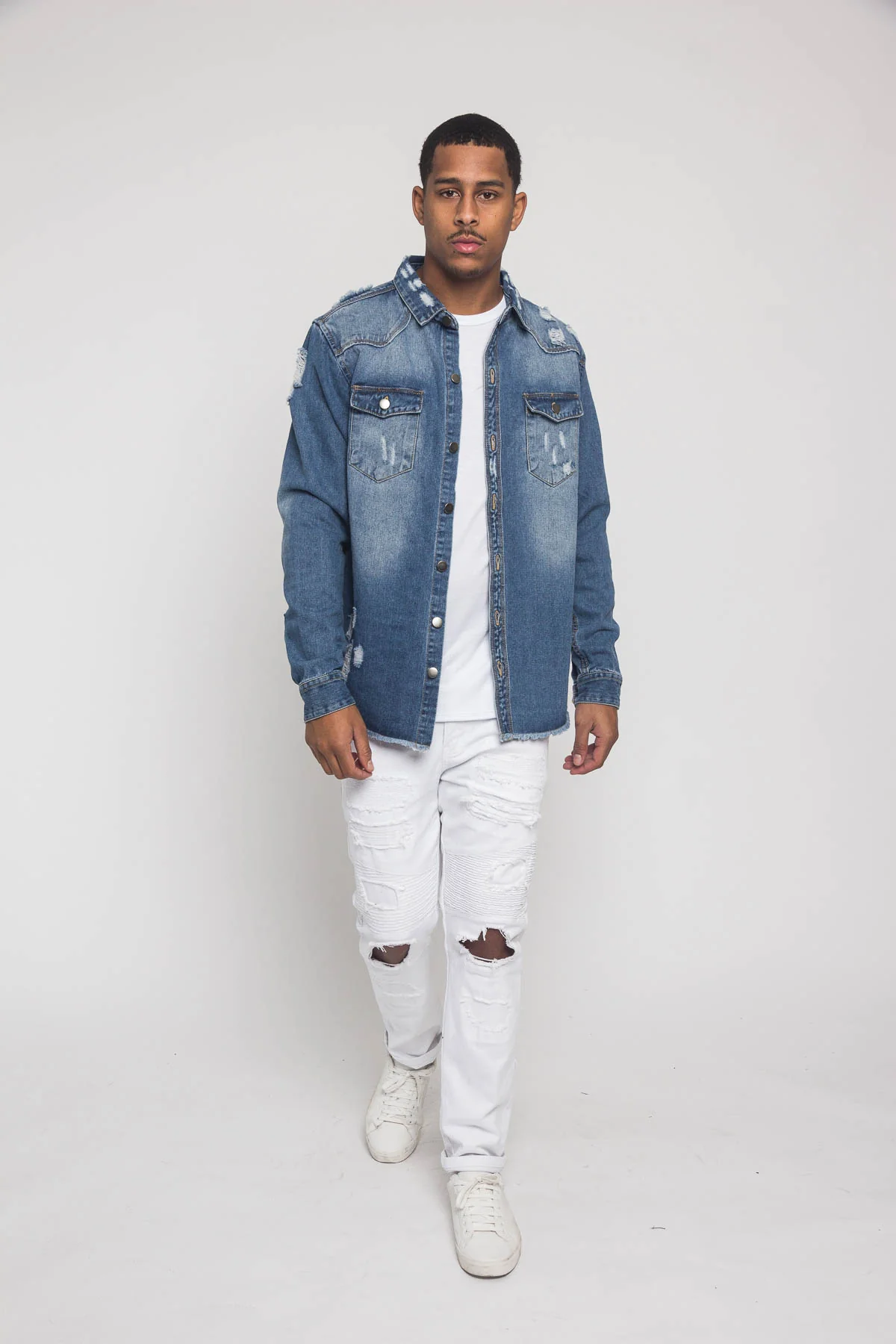 Distressed Denim Button Up Shirt Jacket - Image 38