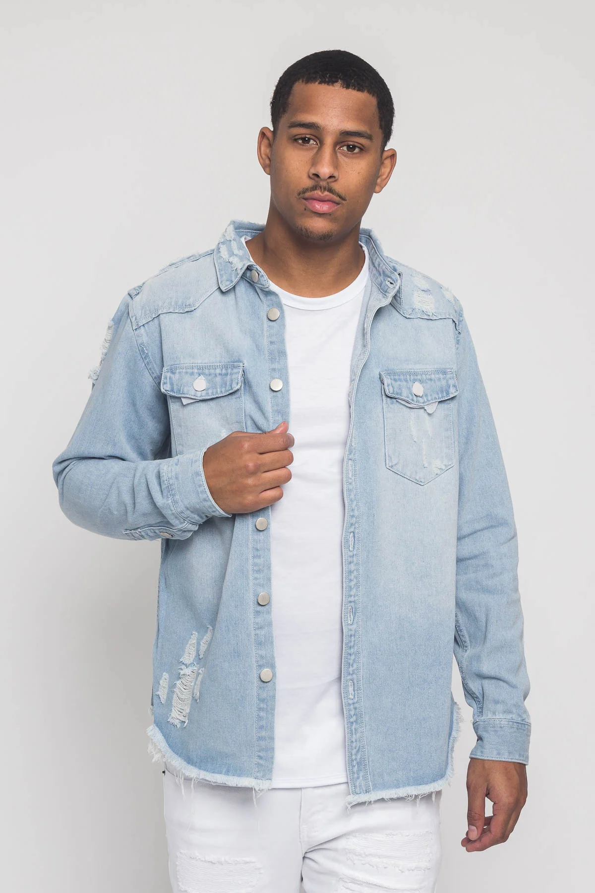 Distressed Denim Button Up Shirt Jacket - Image 39