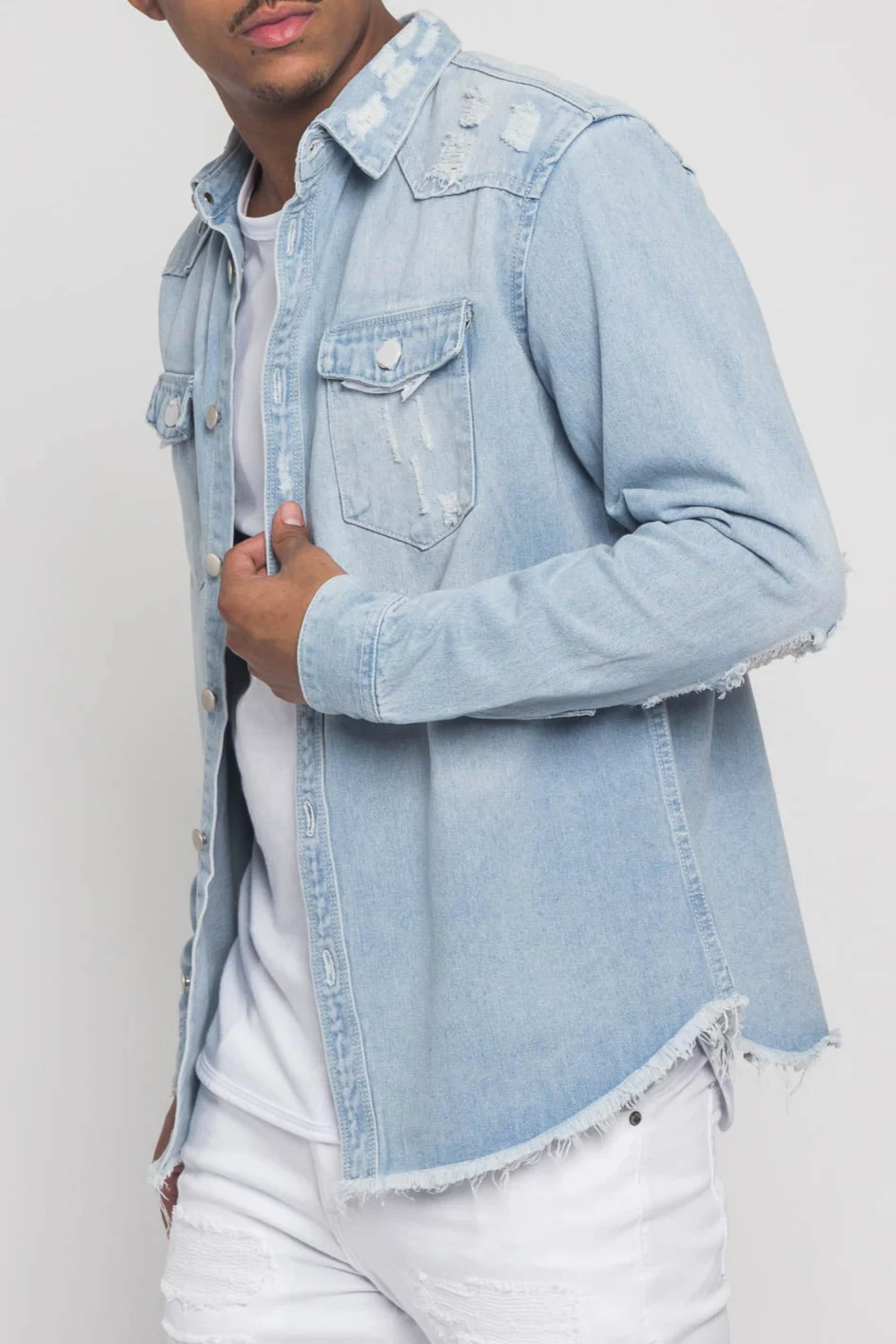 Distressed Denim Button Up Shirt Jacket - Image 4
