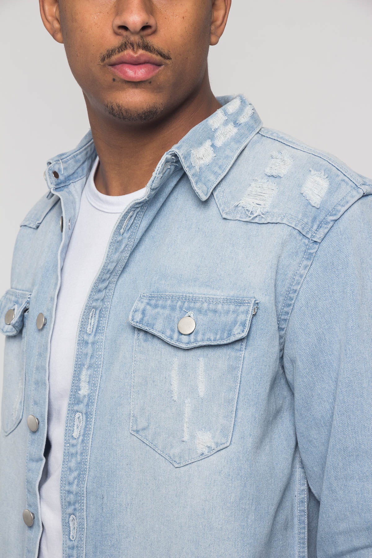 Distressed Denim Button Up Shirt Jacket - Image 42